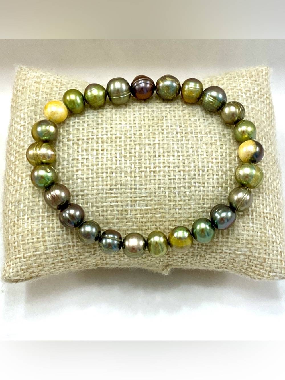 Iridescent Multicolor Freshwater Pearl Stretch Bracelet - Green & Gold Hues